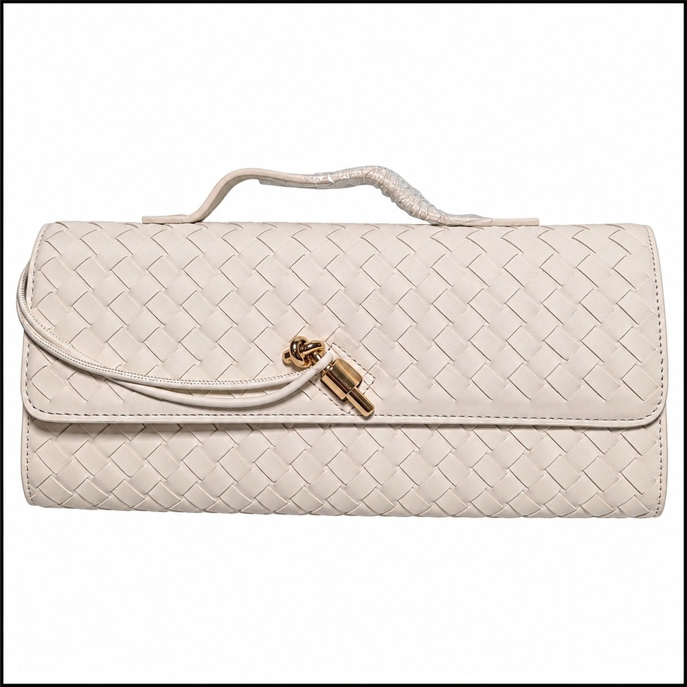 Woven Faux Leather Clutch Bag Cream Off-White Gold Knot Twist Lock Top Handle